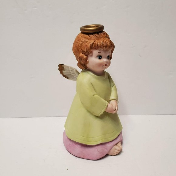 Lefton Angel Figurine, Vintage Bisque Porcelain, Green Pink with Halo, Toes - Picture 2 of 7
